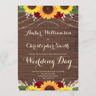 Rustic Wood String Lights Sunflower Rose Wedding Invitation