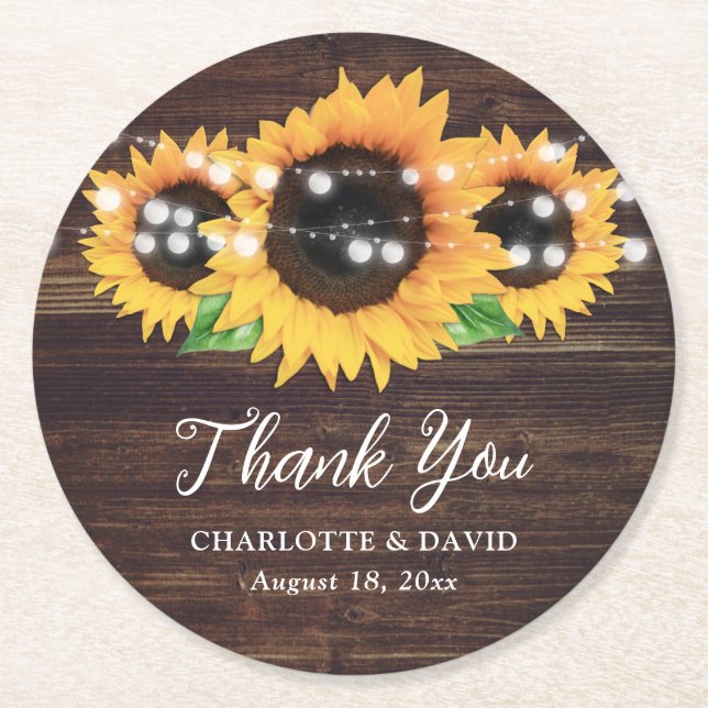 Rustic Wood String Lights Sunflower Wedding Round Paper Coaster (Front)