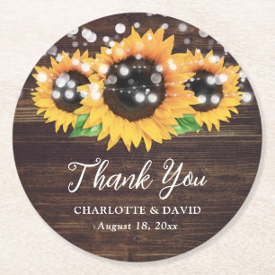 Rustic Wood String Lights Sunflower Wedding Round Paper Coaster