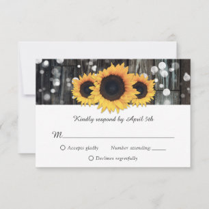 Rustic Wood String Lights Sunflower Wedding RSVP Card