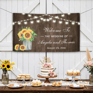 Rustic Wood String Lights Sunflowers Wedding Party Banner