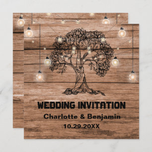 Rustic Wood String Lights & Tree Wedding Invitation