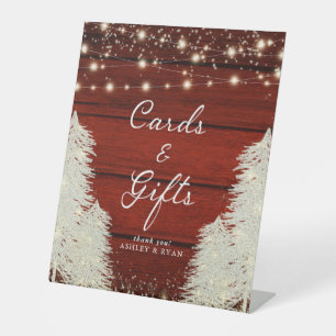 Rustic Wood String Lights Trees Cards & Gifts Pedestal Sign
