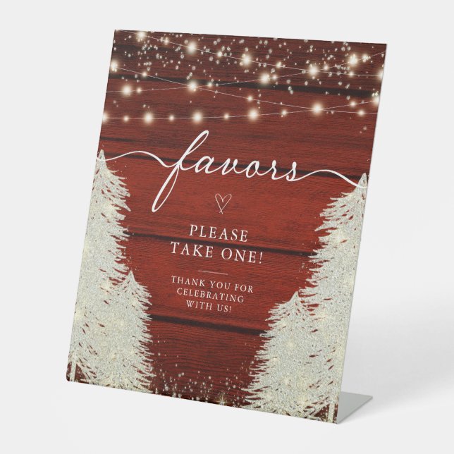 Rustic Wood | String Lights | Trees Wedding Favour Pedestal Sign (Front)