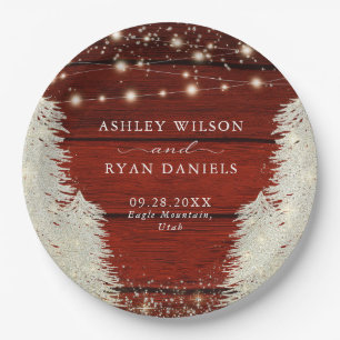 Rustic Wood   String Lights   Trees Wedding Paper Plate