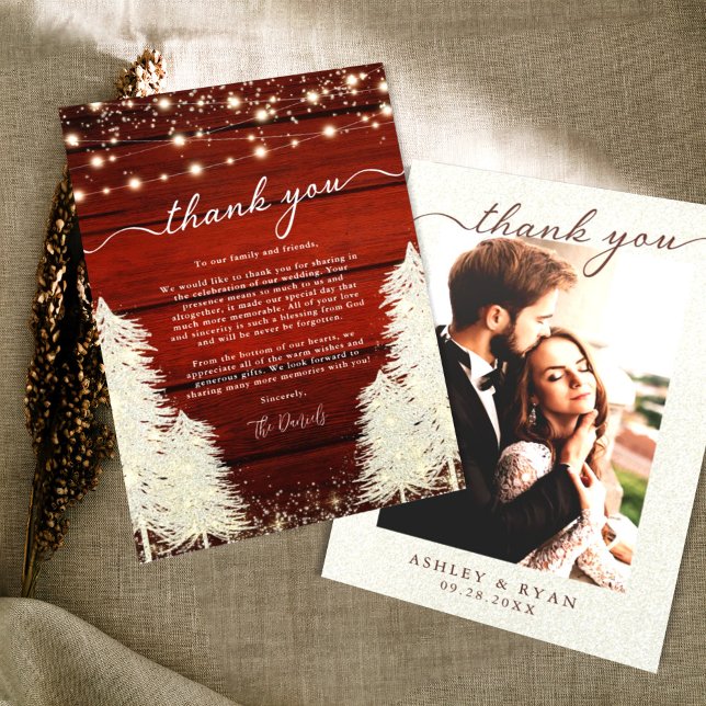 Rustic Wood | String Lights | Trees Wedding Photo Thank You Card (Creator Uploaded)