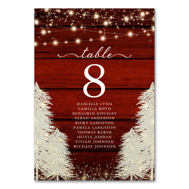 Rustic Wood String Lights Trees Wedding  Table Number (Front)
