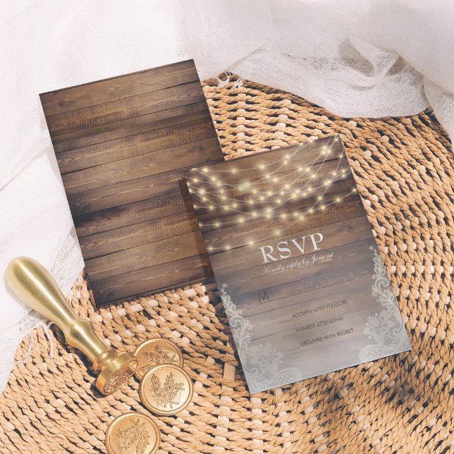 Rustic Wood & String Lights | Vintage Lace RSVP Card (Creator Uploaded)