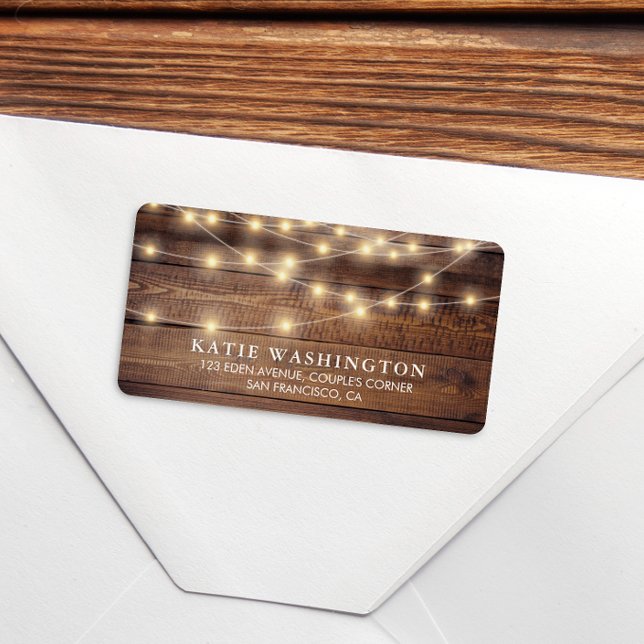 Rustic Wood & String Lights | Vintage Lace Wedding Label (Address Label Mock-up)