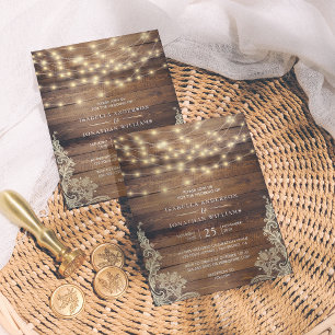 Rustic Wood & String Lights   Vintage Lace Wedding Magnetic Invitation