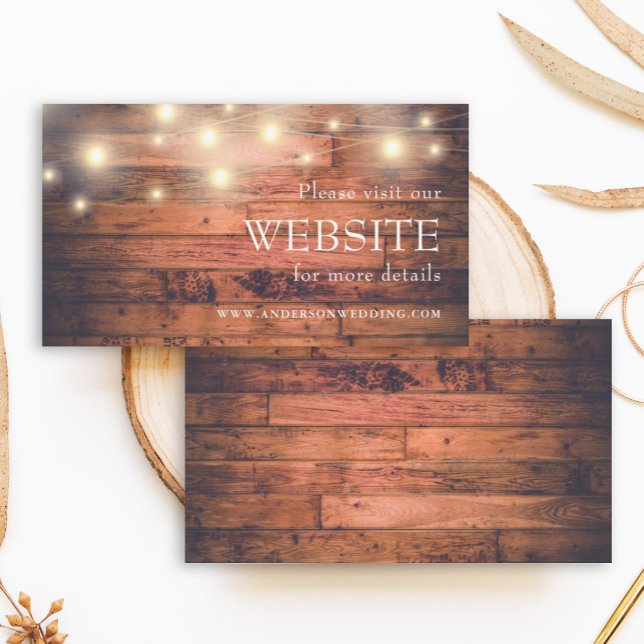 Rustic Wood String Lights Website Enclosure Card (Rustic wood card is a great way to enclose a card directing your guests to your wedding website.)