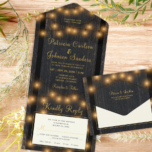 Rustic wood string lights wedding all in one invitation