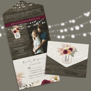 Rustic Wood String Lights Wedding All In One Invitation