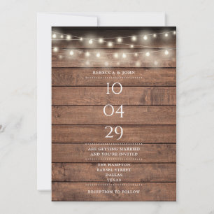 Rustic Wood String Lights Wedding Date Invitation