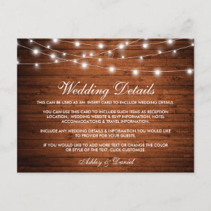 Rustic Wood String Lights Wedding Details Card