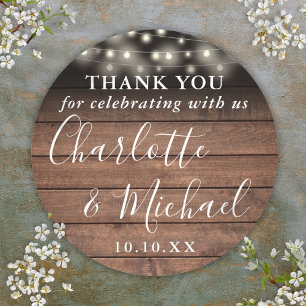 Rustic Wood String Lights Wedding Favour Thank You Classic Round Sticker
