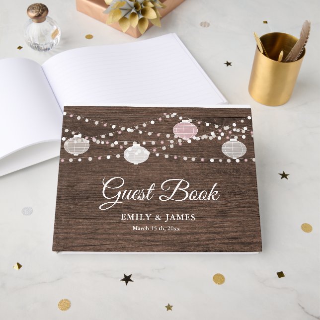 Rustic Wood String Lights Wedding Guest Book (Front Open)
