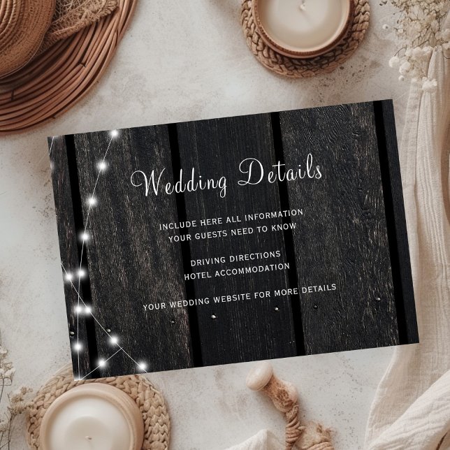 Rustic wood string lights wedding guest details enclosure card (Creator Uploaded)