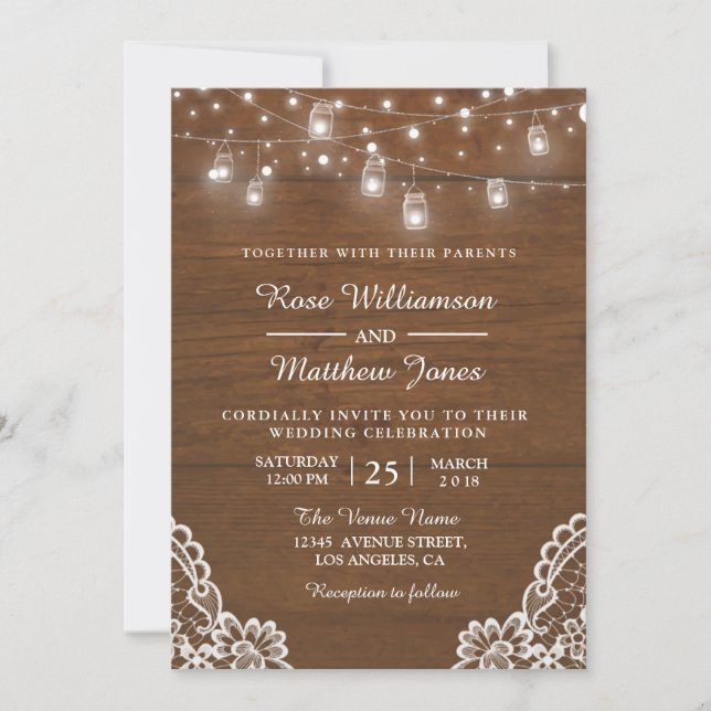 Rustic wood string lights wedding invitation (Front)