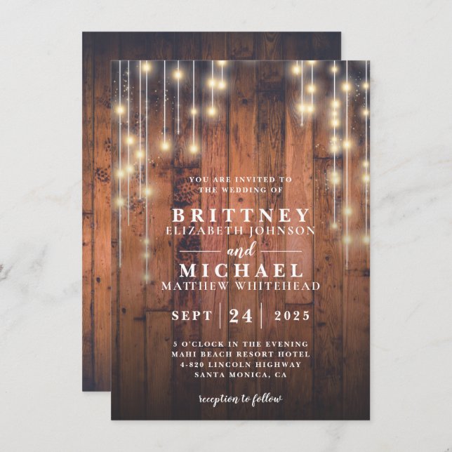 Rustic Wood String Lights Wedding Invitation (Front/Back)