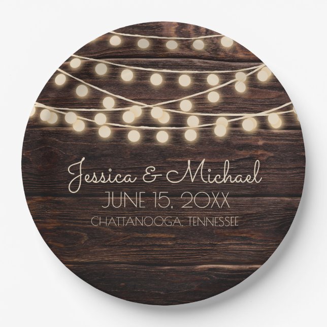 Rustic Wood String Lights Wedding Paper Plate (Front)