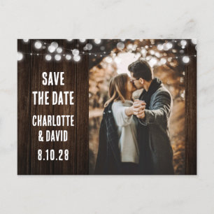 Rustic Wood String Lights Wedding Photo Announcement Postcard