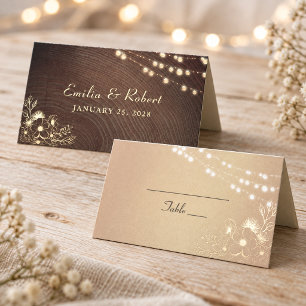 Rustic Wood String Lights Wedding Place Card