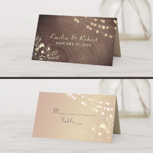Rustic Wood String Lights Wedding Place Card