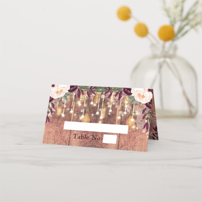 Rustic Wood & String Lights Wedding Place Card (Front)