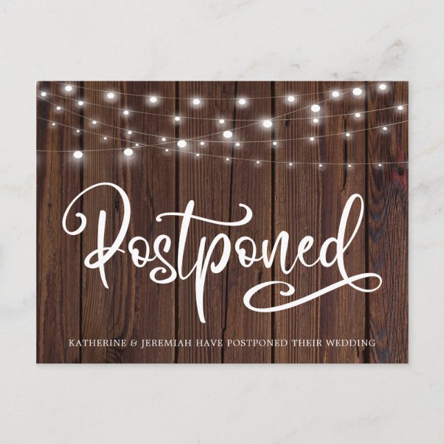 Rustic Wood String Lights Wedding Postponement Postcard (Front)