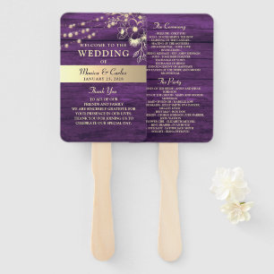 Rustic Wood String Lights Wedding Program Hand Fan