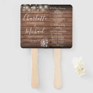 Rustic Wood String Lights Wedding Program Hand Fan