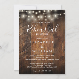 Rustic Wood String Lights Wedding Rehearsal Dinner Invitation