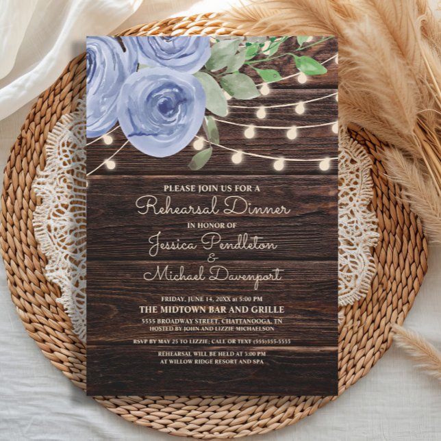 Rustic Wood String Lights Wedding Rehearsal Invitation (Rustic wood and dusty blue watercolor floral and string lights wedding Rehearsal Dinner invitation)