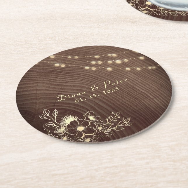 Rustic Wood String Lights Wedding Round Paper Coaster (Angled)