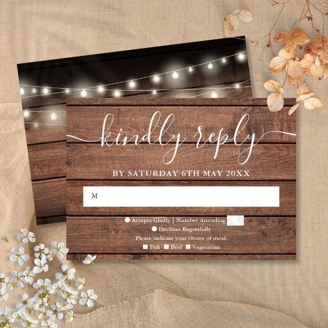 Rustic Wood String Lights Wedding RSVP Card (Rustic Wood String Lights Wedding RSVP Card)