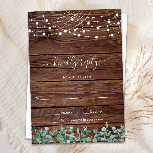 Rustic Wood String Lights Wedding RSVP  Card (Creator Uploaded)