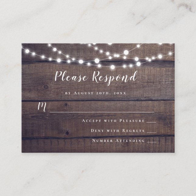 Rustic Wood String Lights Wedding RSVP Cards (Front)