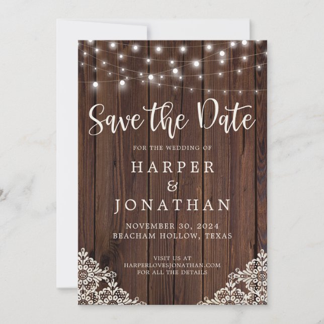 Rustic Wood String Lights Wedding Save the Date (Front)