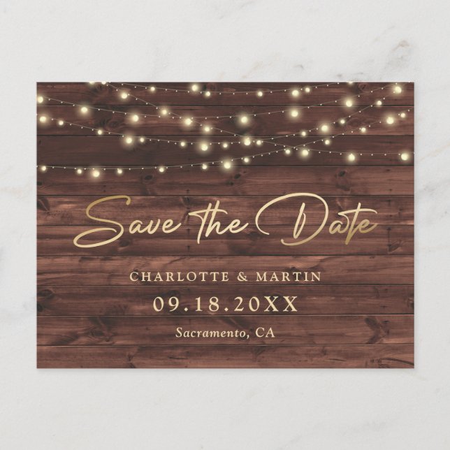 Rustic Wood String Lights Wedding Save The Date Announcement Postcard (Front)