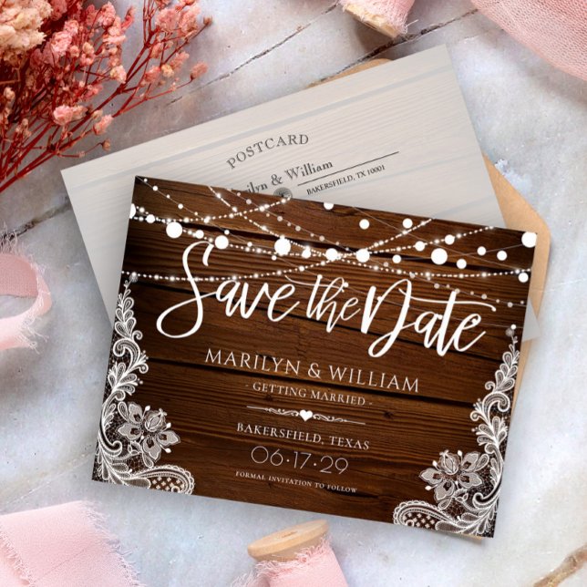 Rustic Wood String Lights Wedding Save The Date Announcement Postcard (Creator Uploaded)