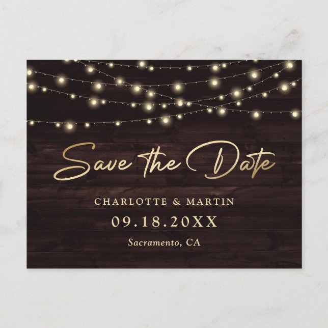 Rustic Wood String Lights Wedding Save The Date Announcement Postcard (Front)