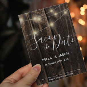Rustic Wood String Lights Wedding Save The Date Invitation Postcard