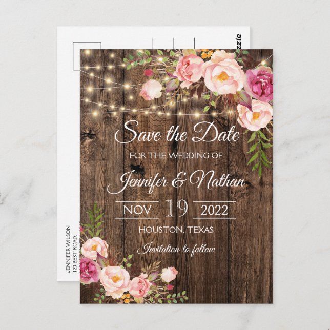 Rustic Wood String Lights Wedding Save the Date Postcard (Front/Back)