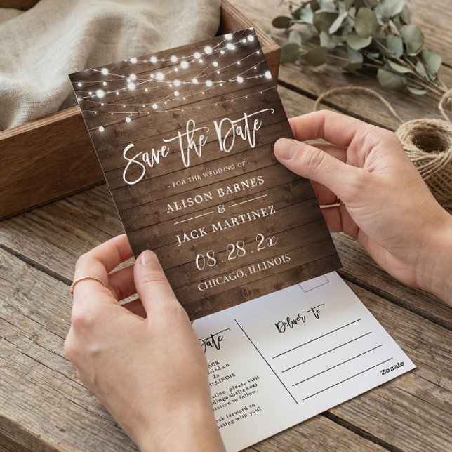Rustic Wood String Lights Wedding Save the Date Postcard (Creator Uploaded)