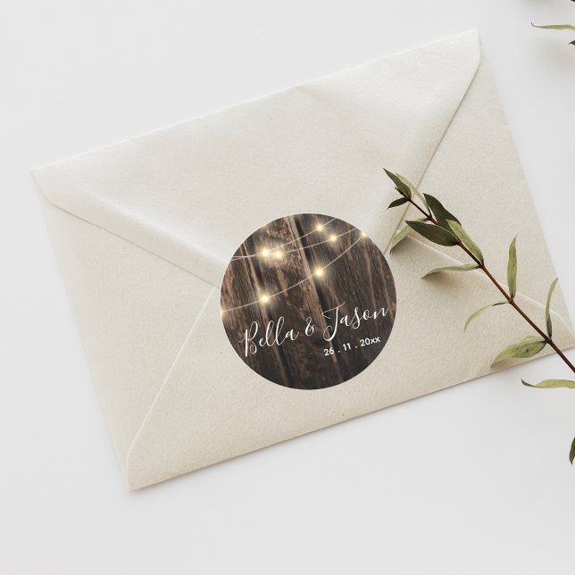 Rustic Wood String Lights Wedding Sticker (Creator Uploaded)
