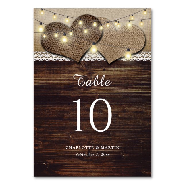 Rustic Wood String Lights Wedding Table Number (Front)
