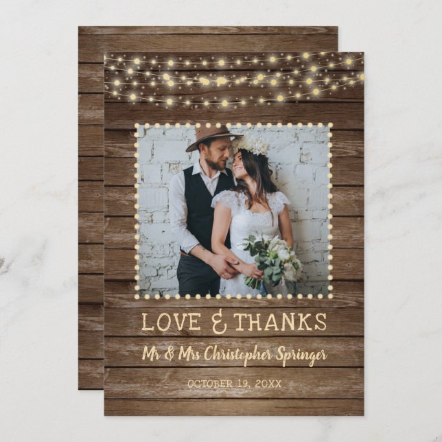 Rustic Wood String Lights Wedding Thank You (Front/Back)