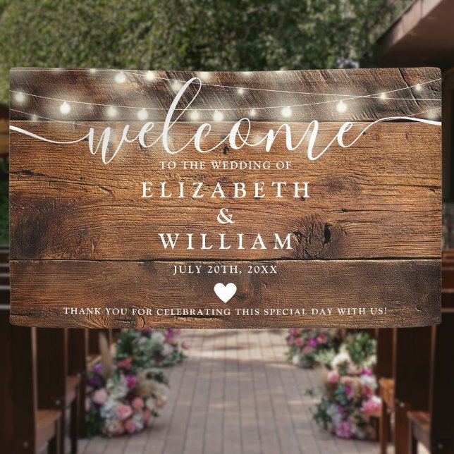 Rustic Wood String Lights Wedding Welcome Banner (Rustic Wood String Lights Wedding Welcome Banner)