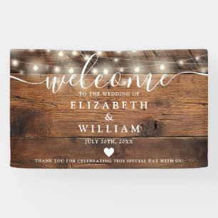 Rustic Wood String Lights Wedding Welcome Banner